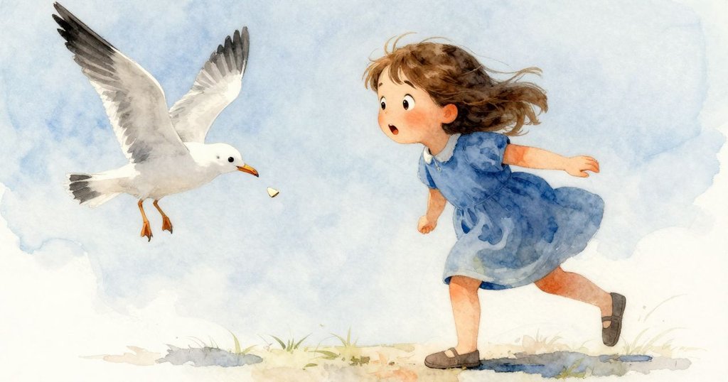 Celina驚訝地轉身,一隻海鷗疾速俯衝向地上的屑屑,表情充滿驚奇與猶豫