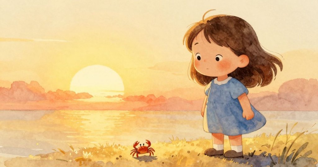 夕陽餘暉映照下,Celina站立眨眼驚訝,沙中小螃蟹悄然爬出陰影,展現一天結束的溫柔奇遇