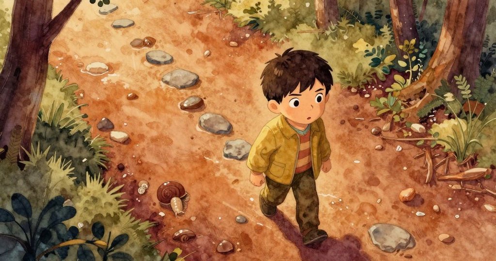 Selwyn跪在濕潤的小徑上，晨光微黃，石頭與蝸牛痕跡清晰呈現，鳥瞰畫面展現自然美景