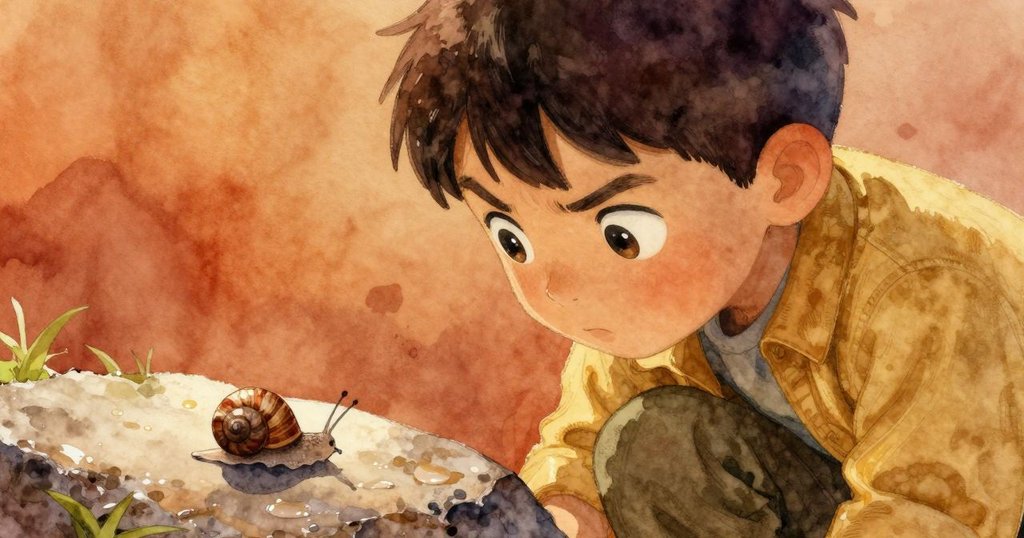 Selwyn專注的眼神凝視著石頭及閃光蝸牛跡，眼中充滿好奇與堅定，特寫展現情感細膩