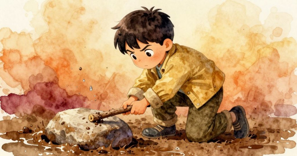 Selwyn在濕泥中用短棍努力撬起石頭，雨滴與泥濘增添挑戰感，動態中景展現其堅持精神