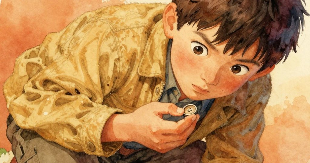 Selwyn小心撥動石頭，露出帶線條細節的鈕扣，他的手輕輕護持寶物，特寫展現發現的喜悅