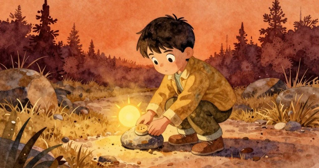 Selwyn手握鈕扣如太陽般象徵希望，歸位石塊後靜謐小徑中洋溢發現與寧靜，遠景呈現意涵結局