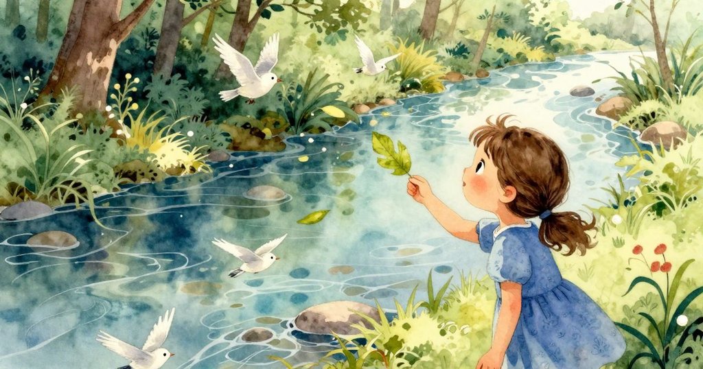 喬伊爾站在溪流邊觀察金色落葉,周圍有鳥類和昆蟲穿梭,背景森林生機盎然,充滿探索感