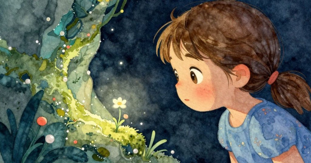 喬伊爾彎身細察隙縫中發光的苔蘚和輕擺小花,從小生物視角展現她滿懷好奇的臉龐與細膩自然景觀