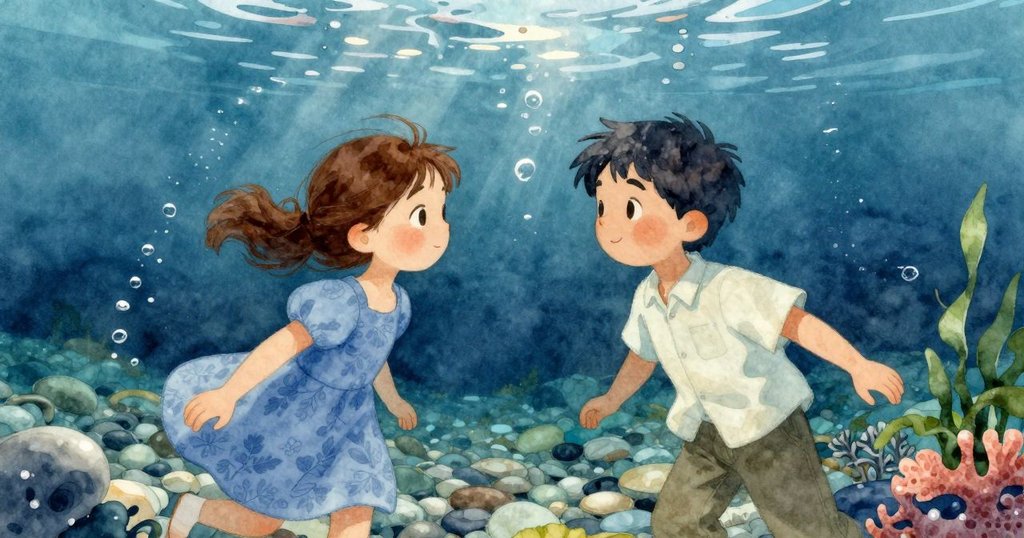 水中景象展現平滑的礫石翻滾並冒出氣泡,日光透過清澈水面照耀,營造出明亮而溫暖的自然光影效果