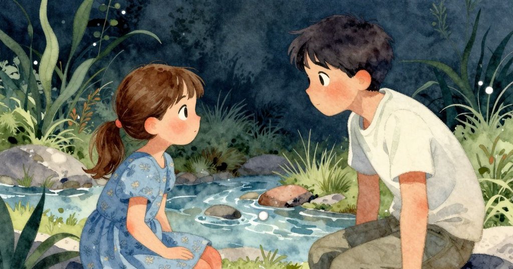 喬伊爾在溪邊聆聽大人談話,神情中帶有懸疑和期待,一道亮光照射在銀色星形礫石上,場景充滿故事張力