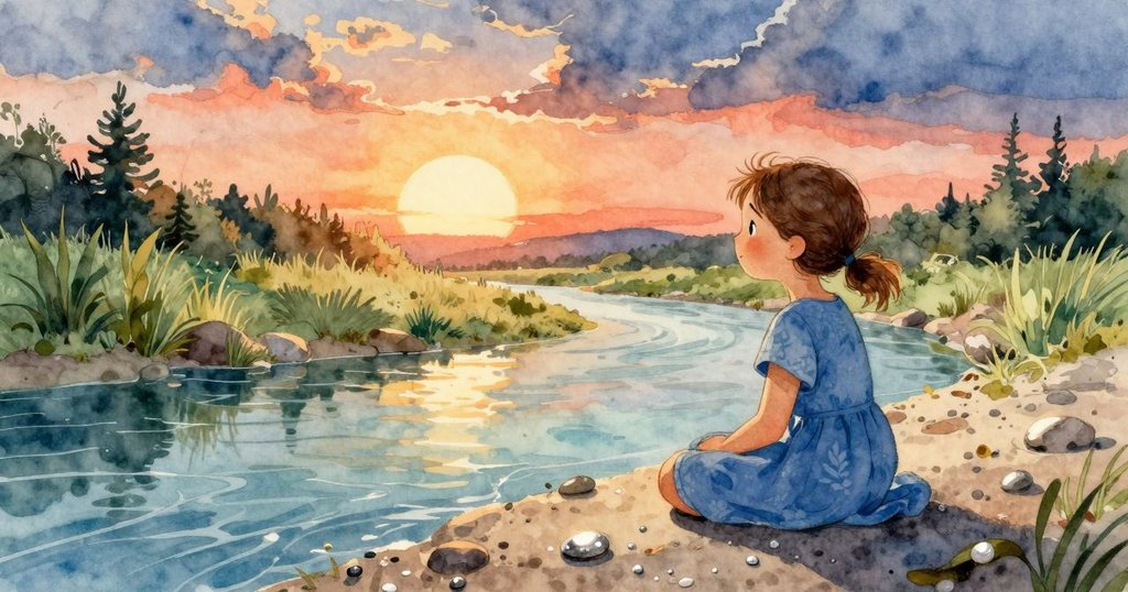 喬伊爾在夕陽下靜立溪邊微笑,銀色星形礫石閃耀溫暖光芒,天空與水面呈現深藍與海泡色,溫馨結局展現故事完美落幕