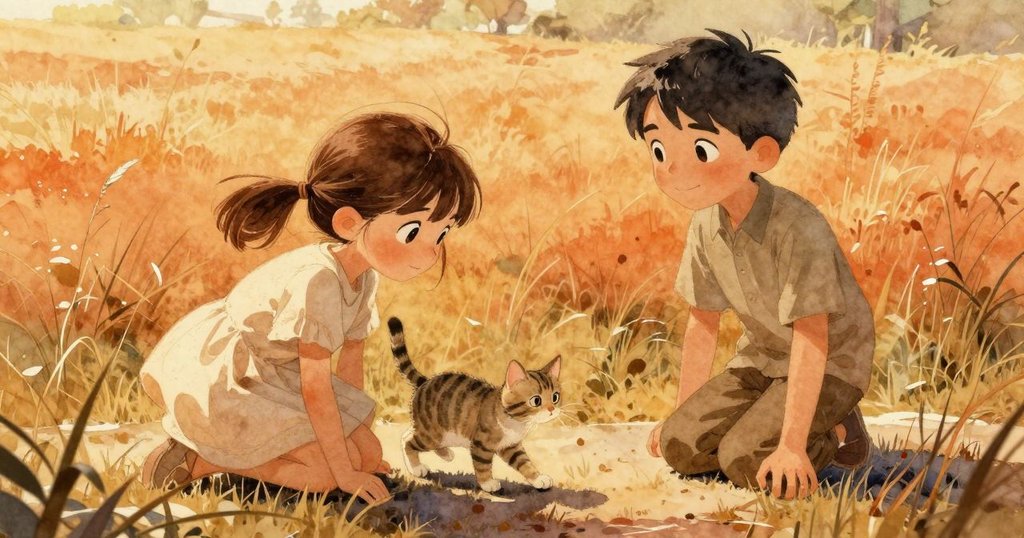 莉莉在濕草地上蹲著，老師在門檻上看書，蹣跚貓咪出現，大家充滿期待和溫暖感