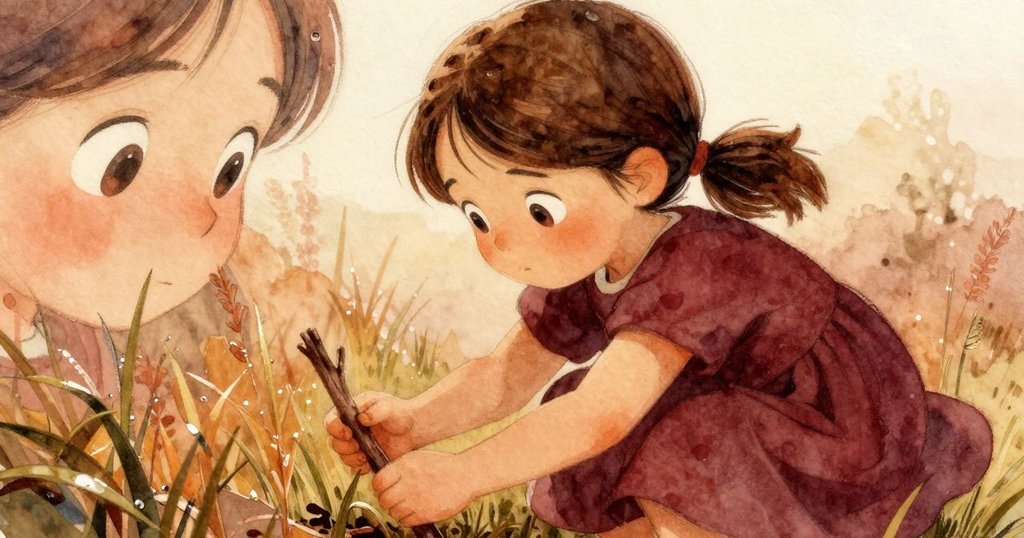 莉莉專注地發現一根短棍，手握棍子清理貓爪，眼中透露堅定，背景露水草地