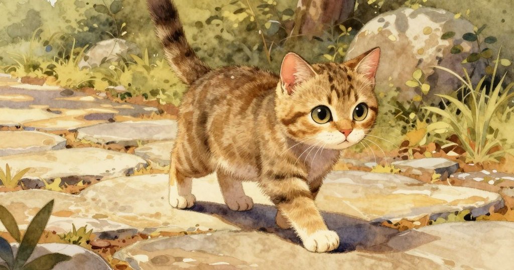 從低角度看見貓咪自信地踏在石徑上，爪子潔淨，陽光灑下，充滿希望與自然氣息