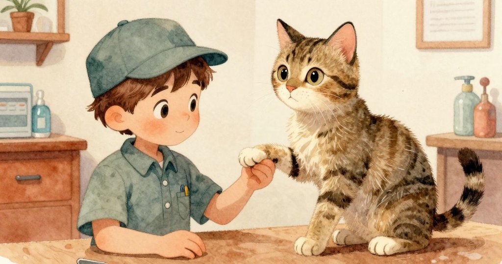 在溫暖的獸醫診所裡，鄰居獸醫細心檢查貓咪潔淨的爪子，室內氛圍寧靜充滿關懷