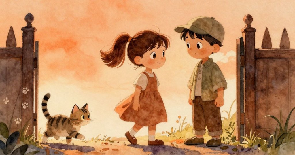 貓咪優雅地從門口走出，留下柔和的爪印，莉莉、老師與獸醫默契團聚，場景充滿溫馨與落日柔光