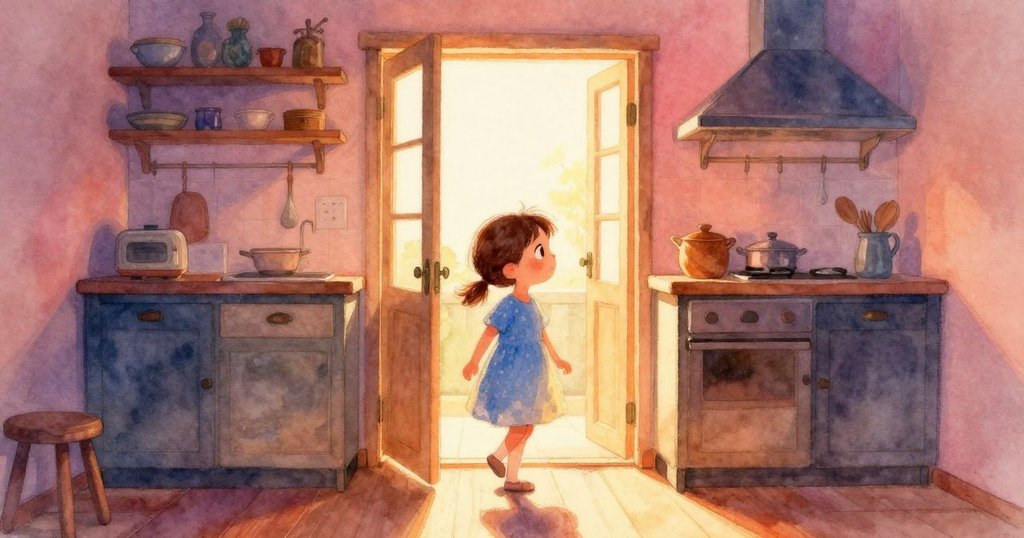 佐拉走進明亮廚房，金色晨光灑落櫃台上，充滿期待與溫暖感的開始