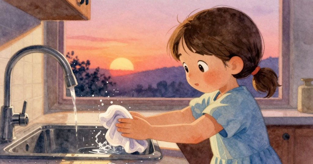 佐拉的手輕柔拍打濕布，水珠在光滑的不銹鋼櫃台上飛濺，展現細膩質感