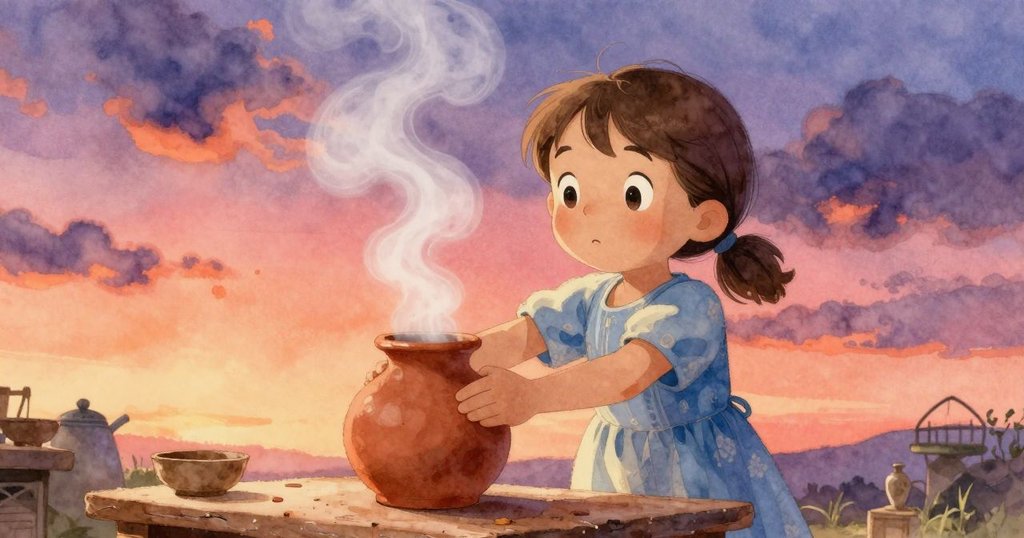 低角度視角中佐拉輕敲陶罐，細細蒸汽隨光舞動，呈現動感溫暖瞬間