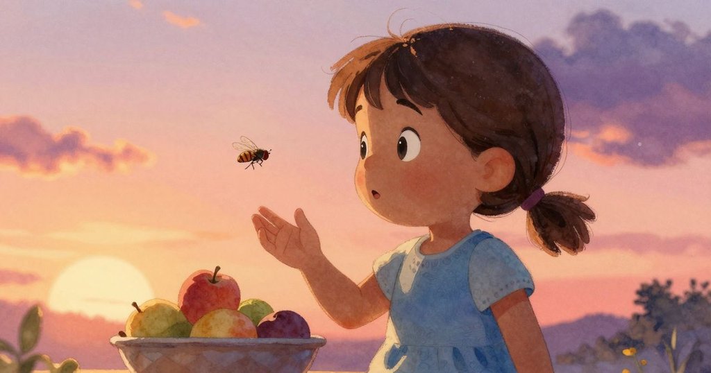 佐拉輕緩抬手，注視盤中鮮果旁嗡嗡飛舞的小蒼蠅，臉上流露出好奇欣賞情感