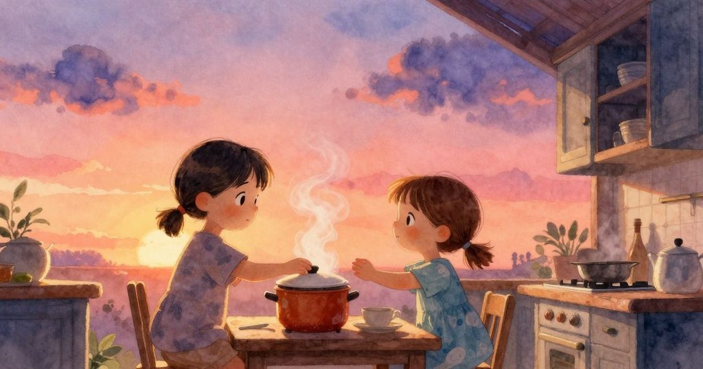 廚房中佐拉輕按陶罐蓋，伴隨著溫柔成人的問候，蒸汽繚繞，展現溫馨團圓時刻