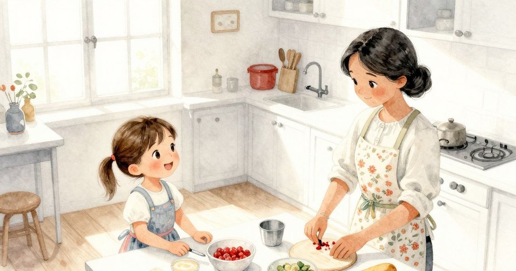 廚房上方俯視, Reese與Yolanda忙碌進行家務, 明亮窗光灑滿室內, 氣氛溫馨活潑, 劇情開始