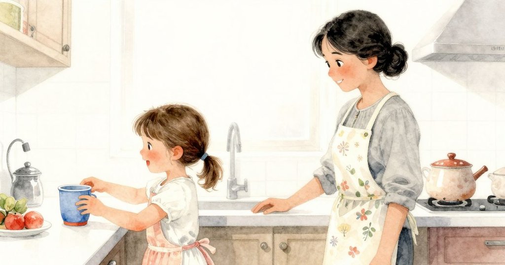 Yolanda指導Reese取藍色杯子, Reese專注伸手取物, 廚房櫃台清晰呈現, 神情專注, 劇情發展中