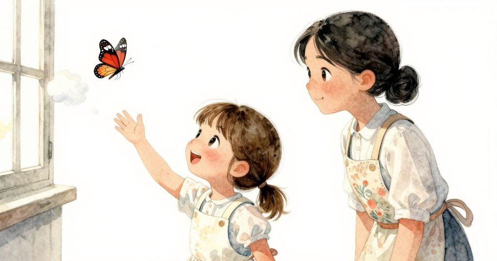 蝴蝶飛入明亮廚房, 從蝴蝶角度看見麵粉雲隨布飄落, 光線柔和, 生動展開劇情, 氣氛夢幻