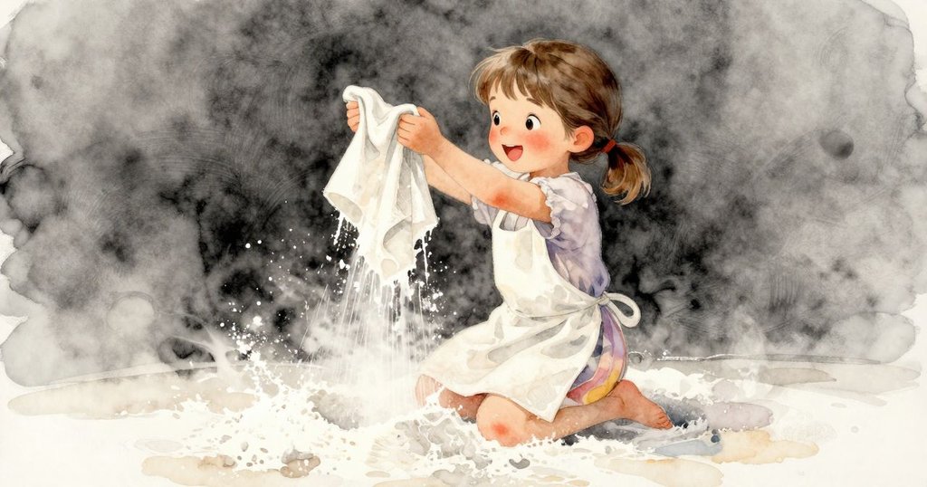 濕布滑落進入柔軟麵粉雲, 麵粉如透明霧般包裹, 柔光下呈現夢幻效果, 劇情發展進入轉折點