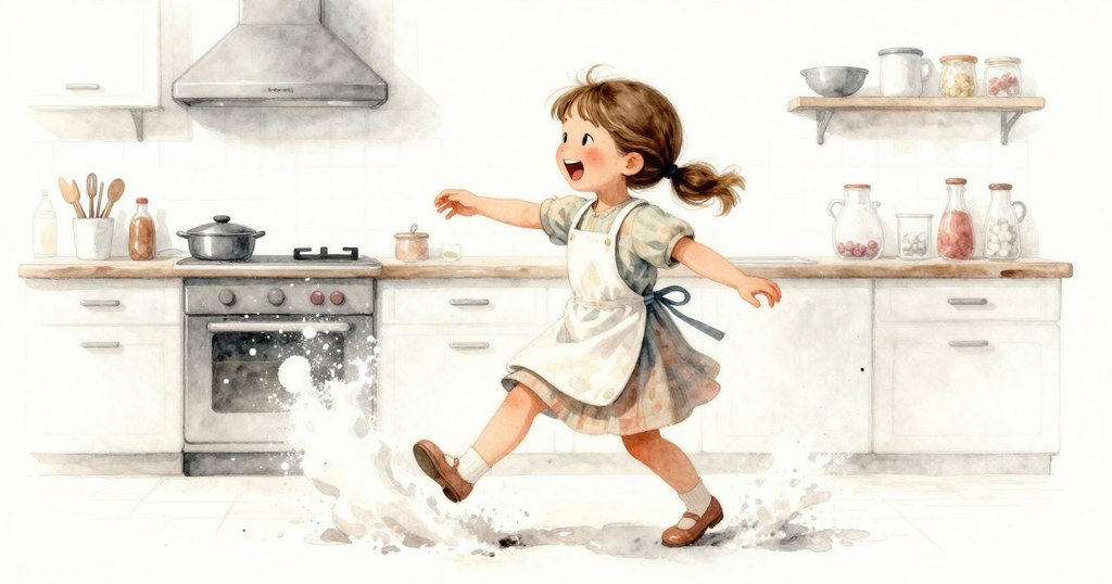 Reese笑著驚退, 濕布滑落伴隨麵粉雲迅速擴散, 臉上表情驚奇與愉悅, 劇情進入高潮緊張時刻