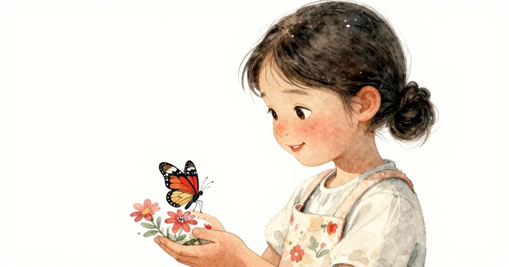 蝴蝶輕降在Yolanda花卉圍裙上, 翅膀上灑滿麵粉點, Yolanda驚奇望向窗外, 緩緩打開窗戶放飛蝴蝶, 劇情溫馨結局