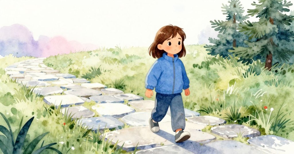 林登走在石板路上，綠葉在晨光中飄落，濕潤草地映襯著他的期待與好奇。