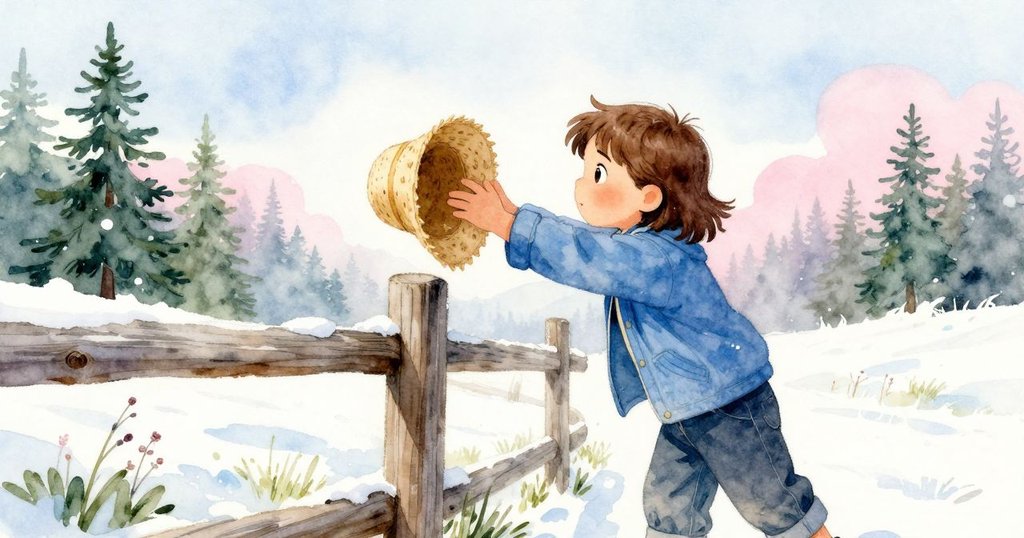 林登發現草帽搭在木柵欄上，興奮地指向帽子，晨光照亮了他充滿好奇與期待的臉龐。