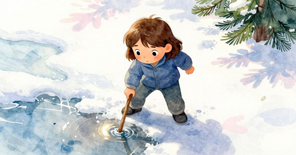 從高空俯視，林登正用短棍輕敲草帽，水面閃耀著晨光，展現他勇敢克服眼前障礙的決心。