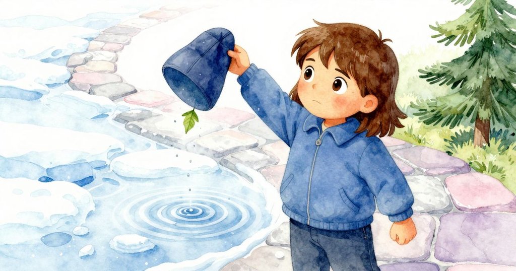 從高處俯瞰，草帽落入石上水面輕觸，林登的藍色外套拂過飄零樹葉，水波在晨光中蕩漾。