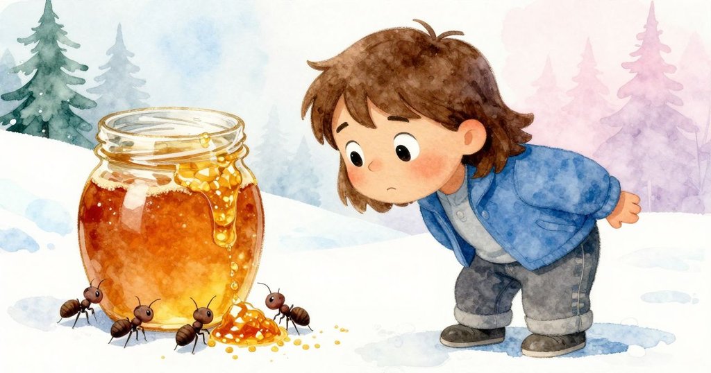 林登靠近一個小罐，裡面蜂蜜映射出金色餘光，螞蟻正忙碌地照料餘屑，他臉上充滿驚奇與好奇。