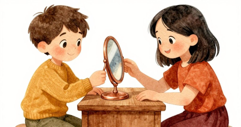 達比專注地以手指輕抬小鏡子，桌上紙鳥和倒放的杯子靜臥，細膩動作展現溫馨實驗情景。