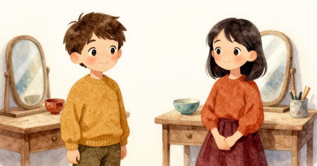 在桌上隱蔽處，鏡子中映出整齊放置的碗，紙鳥安穩其中，達比細心操作呈現出穩定且溫柔的場景。