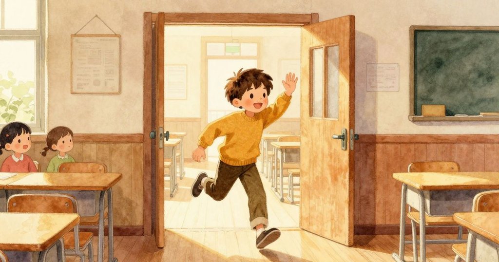 達比笑著揮手告別，穿越敞開的門走向明亮走廊，呈現未來充滿希望與活力的溫馨轉折。