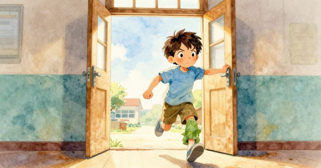 賽德里克和阿莫斯踏出學校門,迎向溫暖晨光,邁入明亮大廳,充滿期待與活力