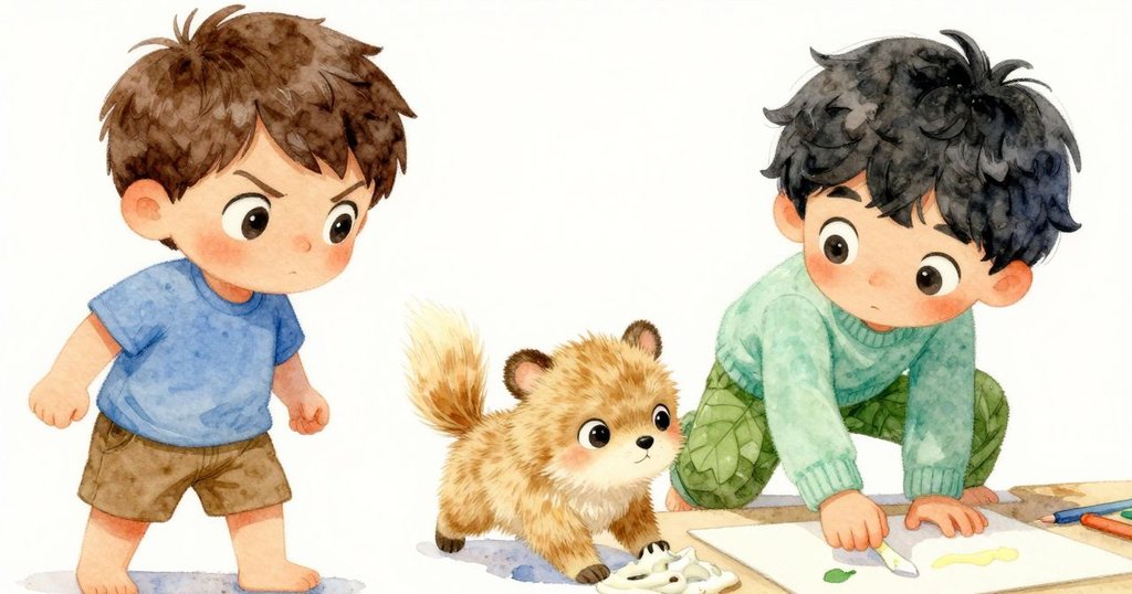 阿莫斯專注地用手塗膠固定濕漉的畫紙,細緻展現動作,工作區域溫馨且充滿創作氣息