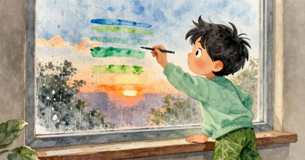 阿莫斯在高窗前作畫,窗外雨滴輕敲玻璃,室內暖色映襯下展現藝術創作及季節感