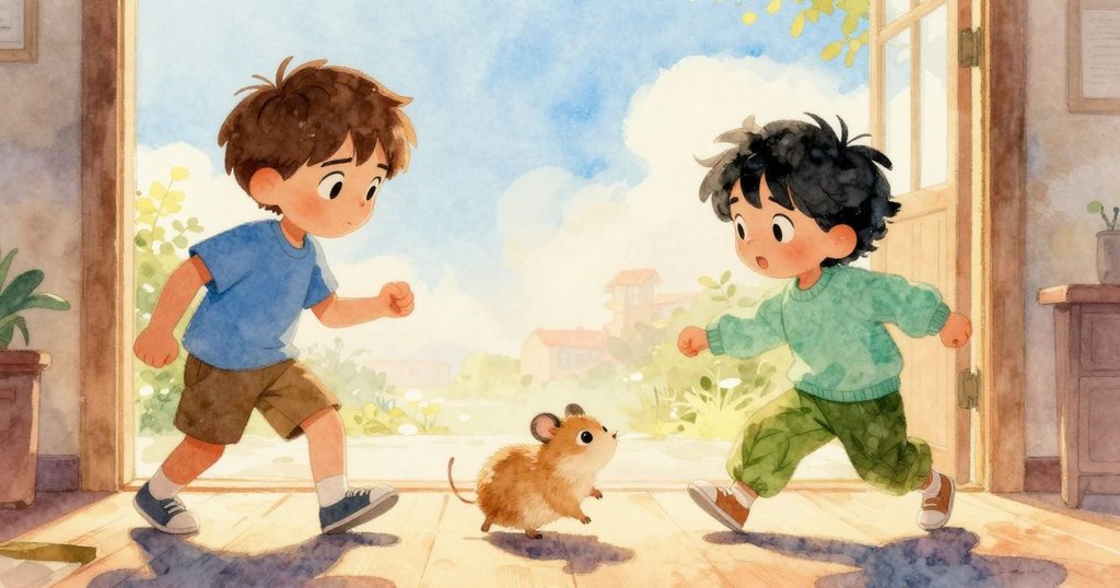 兩個孩子與小倉鼠依偎同行,踏入明亮大廳,鼓聲回響,畫面充滿歡樂與重逢的溫暖