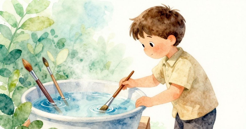 赫克托走向美術架，近鏡頭展現浸在混濁水中刷子的豐富質感，手伸向刷子，環境寧靜