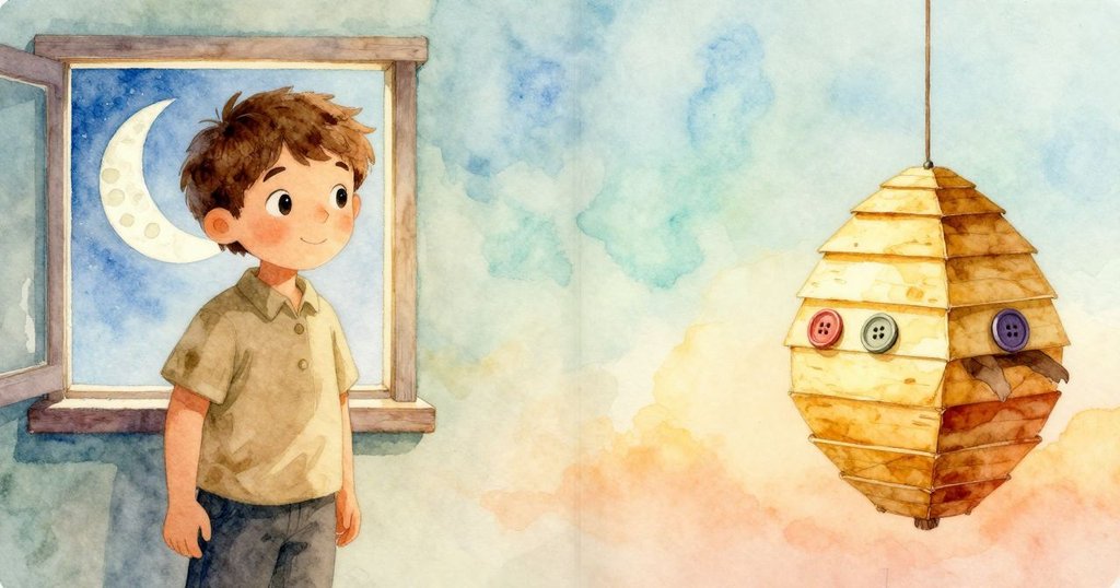 赫克托分成兩部分場景，左側看著窗邊藍紙上繪有月亮星星的夜空，右側欣賞美術架上精緻蜂巢狀紙藝作品，神情驚喜