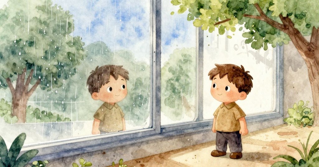 赫克托走到高窗邊，透過玻璃觀察外面雨中樹影與藍天，窗戶上雨滴曲線流動，環境柔和