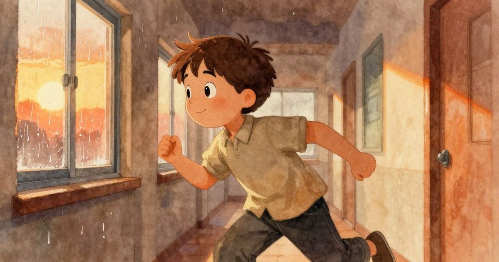 赫克托急匆匆走在走廊上，窗戶上雨滴似在比賽，他神情專注，急速返回自己的書桌