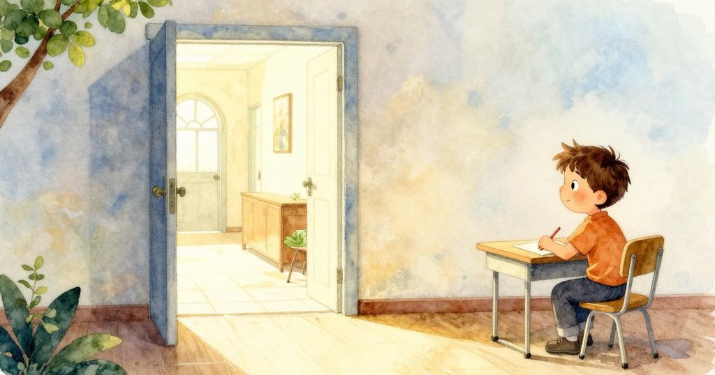 赫克托坐在書桌前，向著敞開的門和明亮走廊望去，神情堅定，預示著新的開始