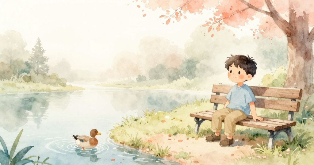 Bram 坐在公園長椅上享受溫暖晨光,遠處池塘中鴨子嬉戲、水波輕漣,開場呈現自然平和氛圍。