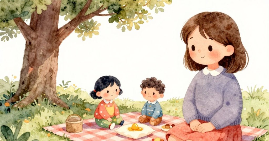 在橡樹陰涼下,一家人在野餐,女孩與母親同行,小妹快樂跳躍,枕邊的蛋象徵著新希望。