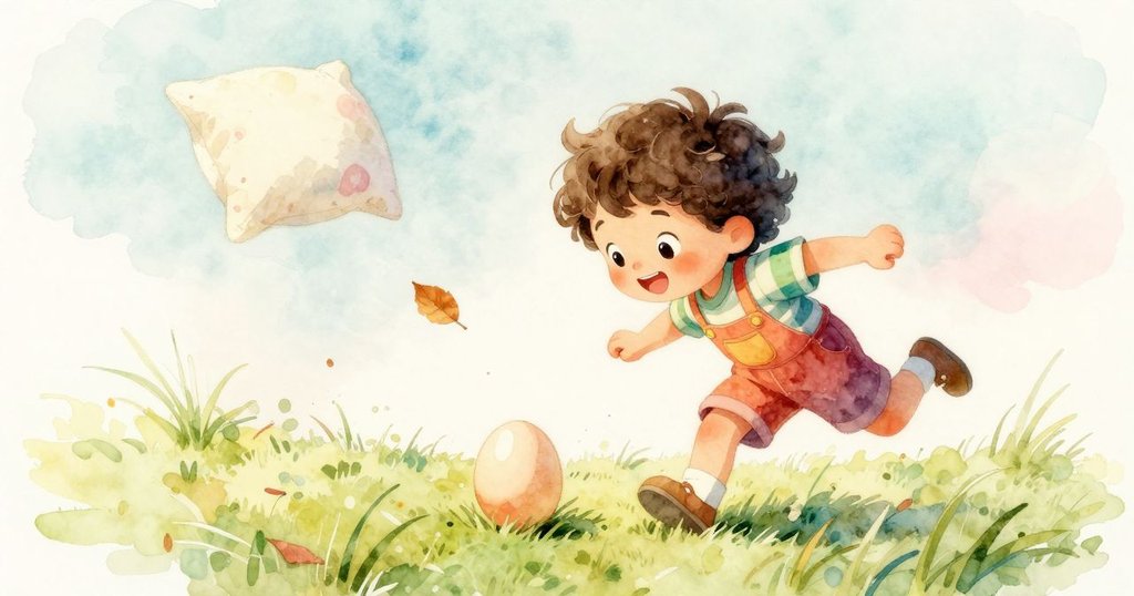 清風拂動枕頭,蛋在濕潤草地上滾動,旁邊落葉隨風飄動,小妹滿眼好奇。