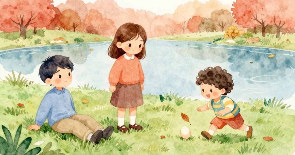 蛋在落葉旁停下,背景池塘中鴨子再次嬉水,畫面充滿秋季暖色調與自然更迭感。