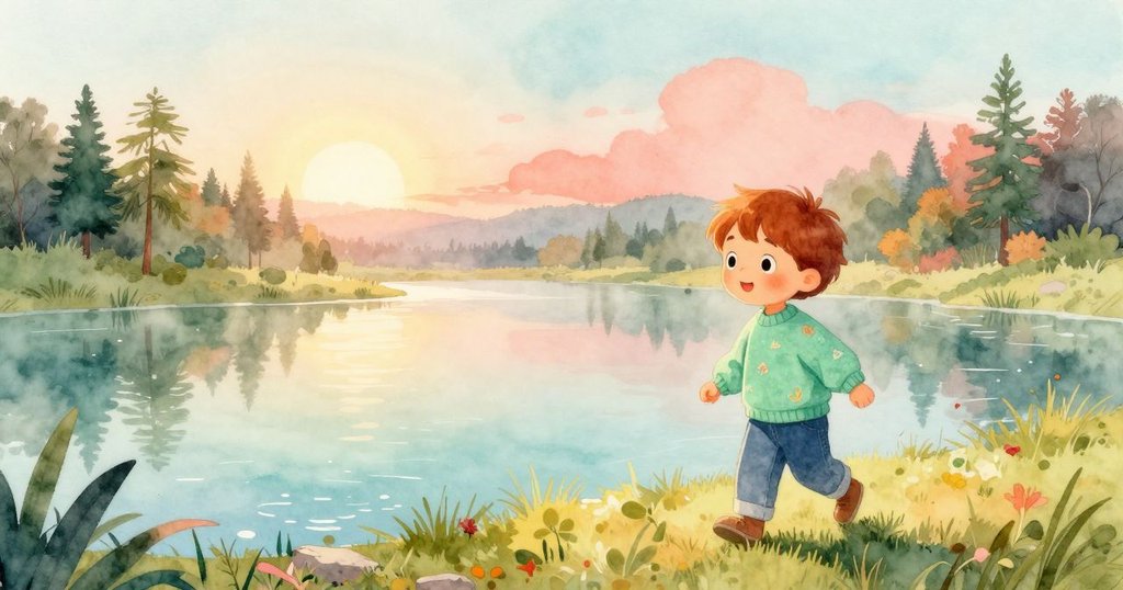 孩子在黎明微光中步入池塘邊，展現出溫暖好奇感，背景為冬日朦朧晨光與寧靜水面